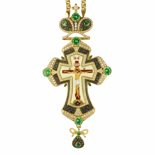 Крест наперсный из ювелирного сплава в позолоте с цепью, фианиты, 8х17 см фото 2