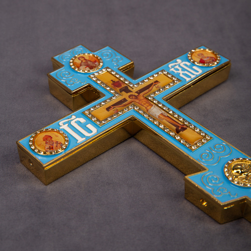 Крест напрестольный, цинковый сплав, голубая эмаль, камни, 14,5х26 см фото 6