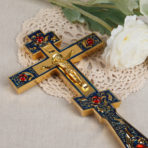 Крест напрестольный, цинковый сплав, синяя эмаль, красные камни, 14,5х26 см, №1 фото 6