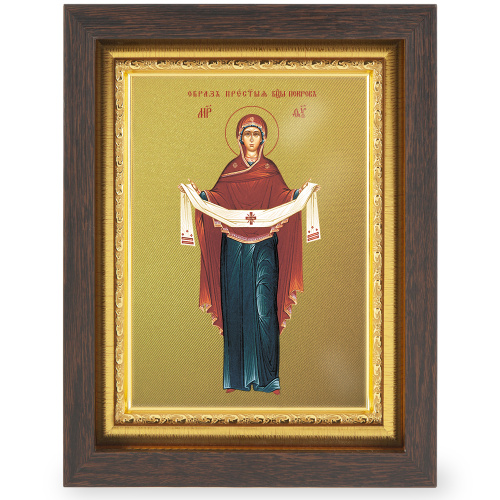 Икона Божией Матери "Покров Пресвятой Богородицы", в узком багете, цвет "темный дуб", на холсте, с золочением №2 фото 2