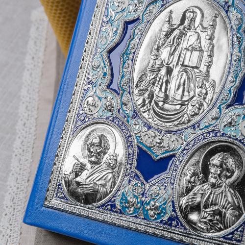 Апостол синий, оклад "под серебро", кожа, эмаль, 23х30 см фото 6