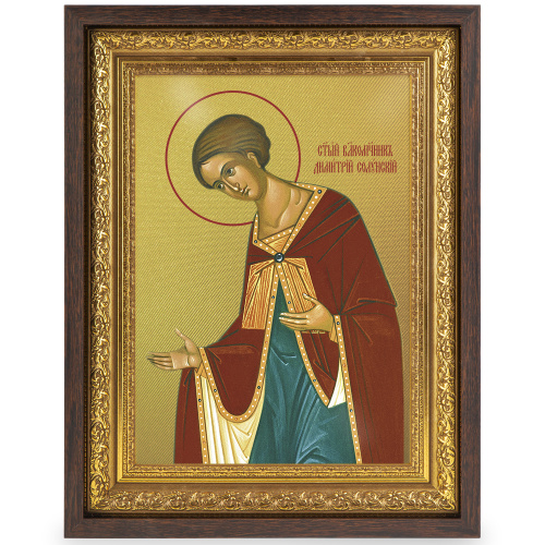 Икона великомученика Димитрия Солунского, в широком багете, цвет "темный дуб", на холсте, с золочением фото 2
