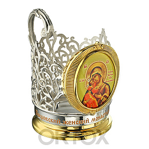Подстаканник серебряный с цветным образом Богородицы "Владимирская" (Ø 7,5 см)