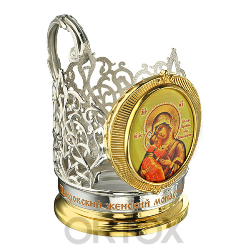 Подстаканник серебряный с цветным образом Богородицы "Владимирская"