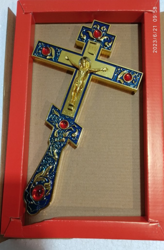 Крест напрестольный латунный синий, 14х26 см, красные камни, У-0634 фото 17