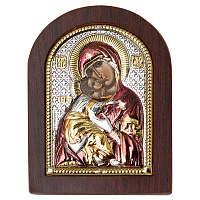 Икона греческая Божией Матери "Владимирская", арочной формы на темной деревянной основе, металлическ