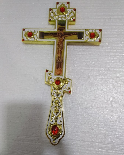 Крест напрестольный, цинковый сплав, белая эмаль, красные камни, 14,5х26 см, У-1328 фото 2