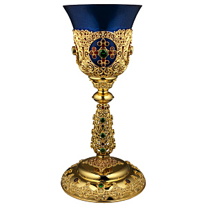 Лампада напрестольная из ювелирного сплава в позолоте с фианитами (синий стаканчик)