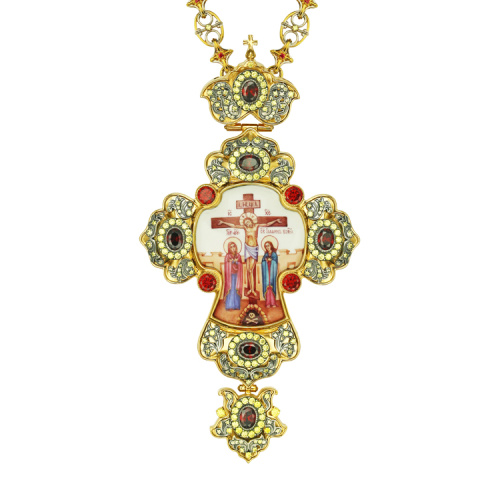 Крест наперсный серебряный, позолота, красные фианиты, высота 16 см