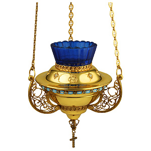 Лампада подвесная из ювелирного сплава в позолоте с фианитами и эмалью, 18х16 см (синий стаканчик)
