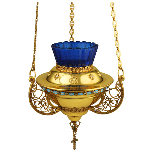 Лампада подвесная из ювелирного сплава в позолоте с фианитами и эмалью, 18х16 см фото 2 Лампада подвесная из ювелирного сплава в позолоте с фианитами и эмалью, 18х16 см фото 2