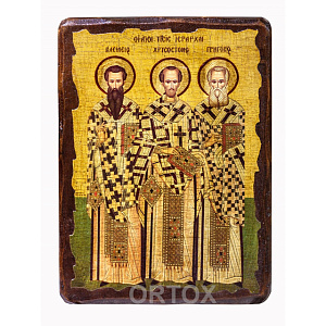 Икона трех святителей: Василия Великого, Григория Богослова, Иоанна Златоуста, 17х23 см, под старину (под старину)
