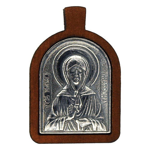 Образок деревянный с ликом блаженной Матроны Московской из мельхиора в серебрении, 1,7х2,6 см