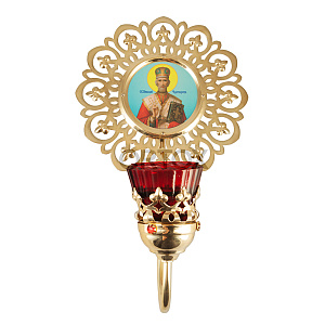 Лампада настенная латунная, 24х40 см, гравировка, камни (с иконой святителя Николая Чудотворца)