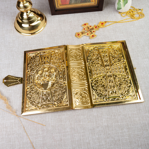 Оклад для Евангелия напрестольного, цинковый сплав, цвет "под золото", синяя эмаль, 16,5х6х24,5 см фото 5