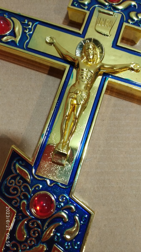 Крест напрестольный латунный синий, 14х26 см, красные камни, У-0634 фото 21