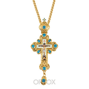 Крест наперсный латунный с позолотой, фианиты, 6,5х15,5 см (без цепи, голубые камни)