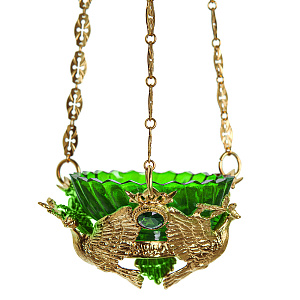 Лампада подвесная из ювелирного сплава в позолоте, 10х6 см (зеленый  стаканчик)