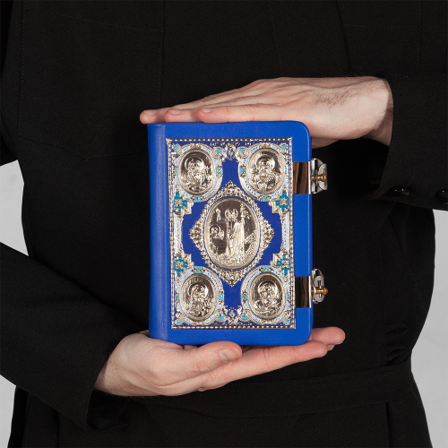 Евангелие требное малое синее, оклад "под серебро", кожа, эмаль, 12х16 см фото 5