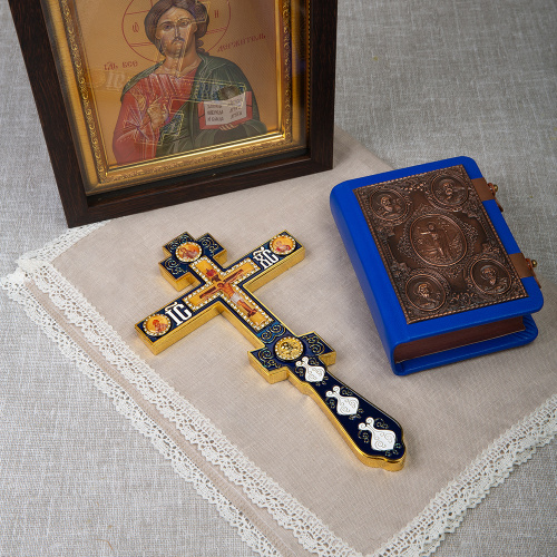Крест напрестольный, цинковый сплав, синяя эмаль, камни, 14,5х26 см фото 2