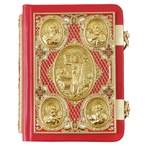 Евангелие требное малое красное, оклад "под золото", кожа, эмаль, 12х16 см фото 6