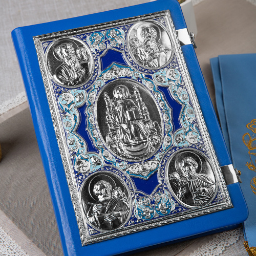 Апостол синий, оклад "под серебро", кожа, эмаль, 23х30 см фото 3