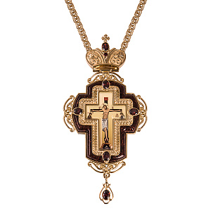 Крест наперсный латунный в позолоте с цепью, фианиты, 7,7х15 см (красные фианиты)