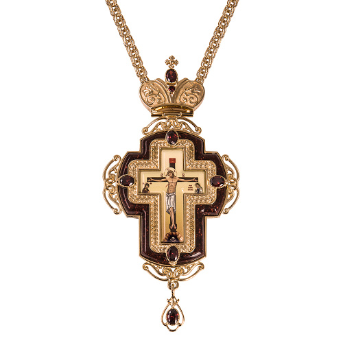 Крест наперсный латунный в позолоте с цепью, фианиты, 7,7х15 см