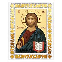 Икона Спасителя "Господь Вседержитель" в резной рамке, цвет "белый с золотом" (поталь), ширина рамки 7 см