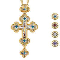 Крест наперсный из ювелирного сплава в позолоте и серебрении с цепью, фианиты, 7,5х14,5 см