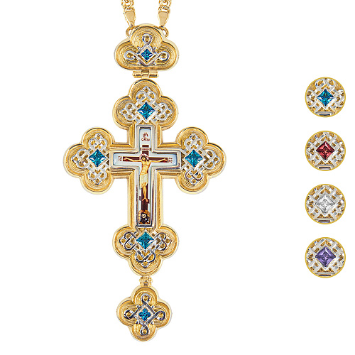 Крест наперсный из ювелирного сплава в позолоте и серебрении с цепью, фианиты, 7,5х14,5 см