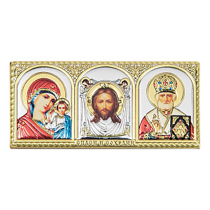 Икона в машину, триптих греческий из металла на деревянной основе, №5, 9,5х4,5 см (в авто)