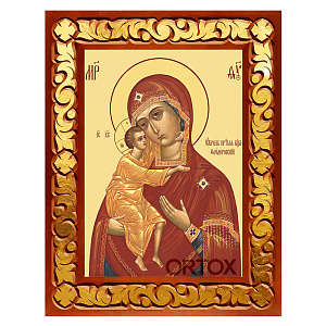 Икона Божией Матери "Феодоровская" в резной рамке, цвет "кипарис с золотом" (поталь), ширина рамки 7 см (14,8х21 см (А5))