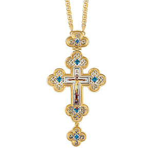Крест наперсный латунный в позолоте и серебрении с цепью, фианиты, 7,5х14,5 см (голубые фианиты)