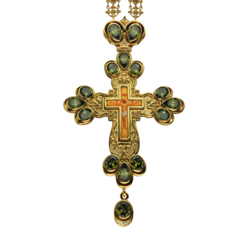 Крест наперсный серебряный с цепью, позолота, белые фианиты, высота 18 см фото 2