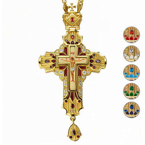 Крест наперсный из ювелирного сплава в позолоте, эмаль, фианиты, 7х14 см