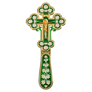 Крест требный, цинковый сплав, зеленая и белая эмаль, 7,5х17 см (гравировка)
