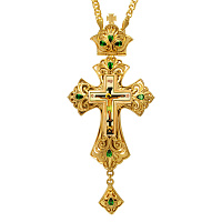 Крест наперсный из латуни, позолота, зеленые камни, 7,5х17 см