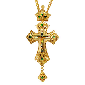 Крест наперсный из латуни, позолота, зеленые камни, 7,5х17 см (без цепи)
