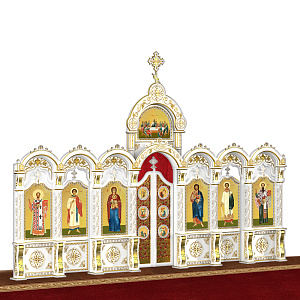 Иконостас "Благовещенский" одноярусный белый с золотом (патина), 664х449х28 см (ясень, металл)