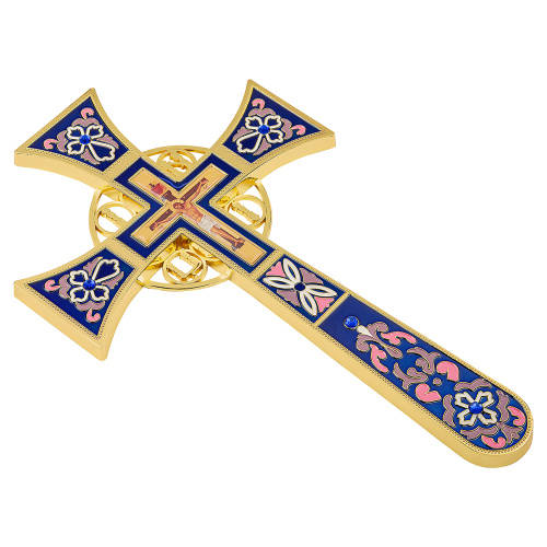 Крест требный четырехконечный, цинковый сплав, синяя эмаль, камни, 17х29 см фото 7