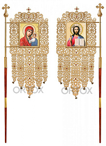 Хоругви комплект "Узорный" с иконами Спасителя и Казанской Божией Матери, 57х125 см (голубой фон)