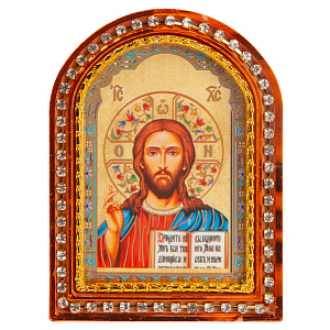 Икона настольная Спасителя "Господь Вседержитель", пластиковая рамка, 6,4х8,6 см (с держателем)