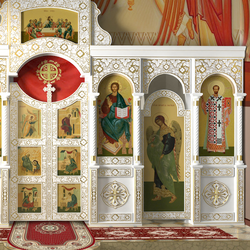 Иконостас одноярусный (Саратовская обл.), белый с золотом (патина), 488х378х22 см фото 4