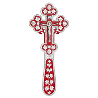 Крест напрестольный / требный, цинковый сплав, цвет "под серебро", красная и белая эмаль, 10,5х23 см Крест напрестольный / требный, цинковый сплав, цвет "под серебро", красная и белая эмаль, 10,5х23 см