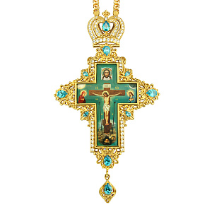 Крест наперсный серебряный, позолота, голубые фианиты, высота 17,5 см (без цепи)