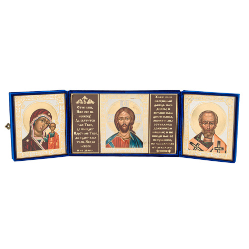 Складень с ликами Спасителя, Божией Матери "Казанская" и святителя Николая Чудотворца, 28х16,5 см, бархат фото 4 Складень с ликами Спасителя, Божией Матери "Казанская" и святителя Николая Чудотворца, 28х16,5 см, бархат фото 4