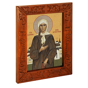 Икона блаженной Ксении Петербургской, в узкой резной раме, цвет "кипарис", холст с золочением, ширина рамы 7 см (33х41,7 см (под икону А4))