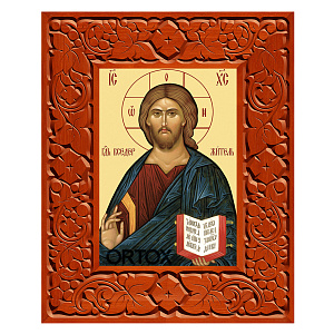 Икона Спасителя "Господь Вседержитель" в резной рамке, цвет "кипарис", ширина рамки 12 см (29,7x42 см (А3))