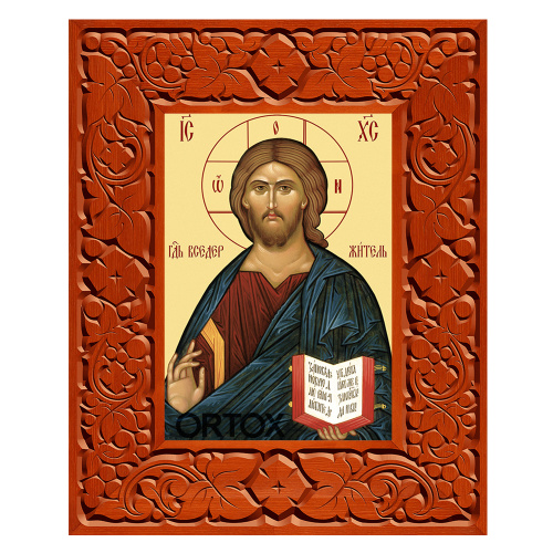Икона Спасителя "Господь Вседержитель" в резной рамке, цвет "кипарис", ширина рамки 12 см